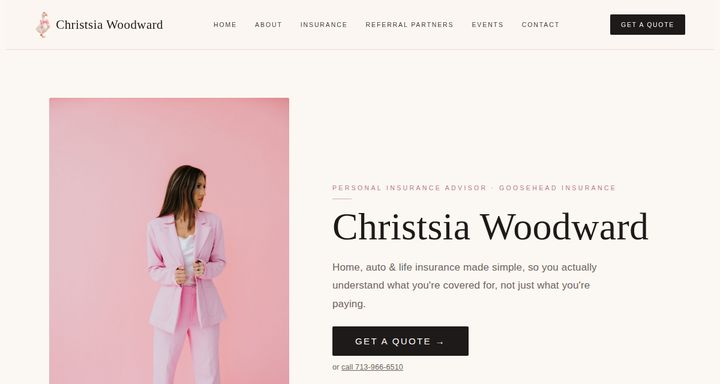 Homepage of insuredbychristsia.com, showing Christsia Woodward and a Get a Quote button